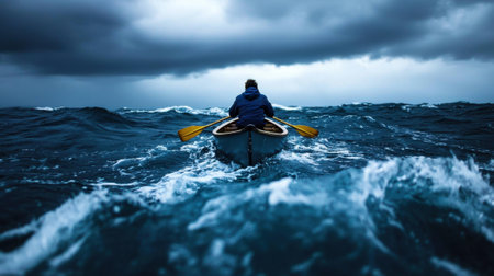 A man in a blue jacket paddles a canoe in the ocean. The sky is cloudy and the water is roughの素材