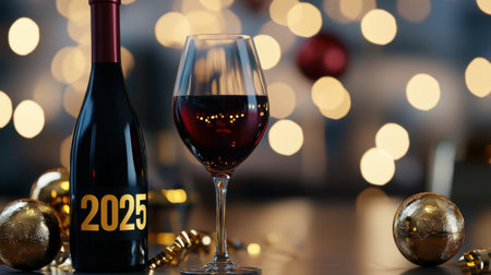 A bottle of wine with the year 2015 written on it is next to a wine glass. The wine glass is half full and the bottle is almost emptyの素材