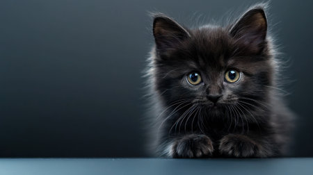 A black kitten with a sad expression is staring at the camera. The kitten's fur is long and fluffy, and it has a pair of black eyes that seem to be looking straight aheadの素材