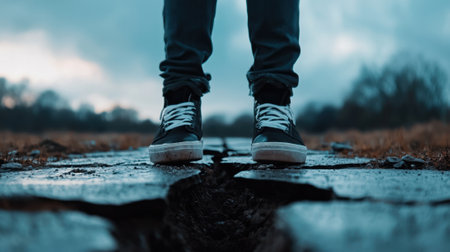 A person is standing on a wet, cracked sidewalk. The shoes are black and white. Scene is somber and melancholicの素材