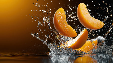 A splash of water with three orange slices in it. The water is splashing and the slices are floating in the airの素材