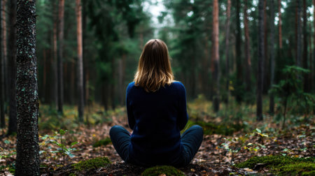 A woman is sitting in the woods, looking at the camera. Scene is peaceful and serene, as the woman is surrounded by nature and he is in a state of contemplationの素材