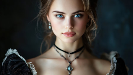 A woman with blue eyes and a black necklace is wearing a black dress. She has a pale complexion and a pretty smileの素材