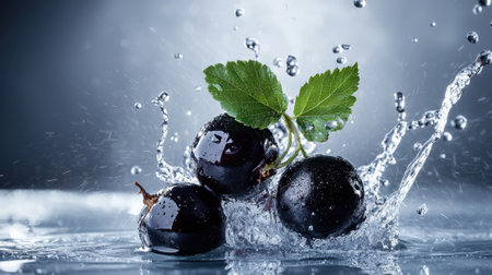 A bunch of black grapes are floating in a stream of water. The water is splashing around the grapes, creating a sense of movement and energy. The image conveys a feeling of freshness and vitalityの素材