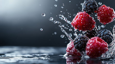A splash of water surrounds a bunch of blackberries and raspberries. The water droplets create a sense of movement and energy, while the fruit adds a pop of color and freshness to the sceneの素材