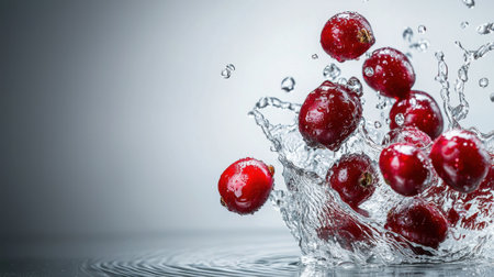 A splash of water surrounds a bunch of red berries. The berries are floating in the water, creating a sense of movement and energy. The image conveys a feeling of freshness and vitalityの素材