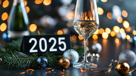 A glass of wine is on a table with a sign that says "2025" on it. The table is decorated with Christmas ornaments and a pine treeの素材