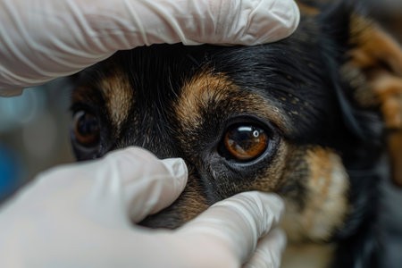 A dog's eye is being examined by a veterinarian. The dog is wearing a muzzle and he is in painの素材