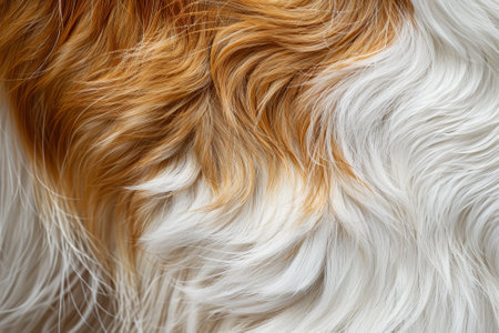 The fur of a dog is shown in a close up. The fur is white and brown, with the brown color being more prominent. The fur has a lot of texture and he is very thickの素材