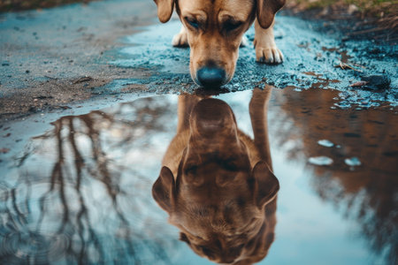 A dog is looking at its reflection in a puddle. The reflection is blurry and distorted, making it difficult to see the dog's face clearly. The scene has a calm and peaceful moodの素材