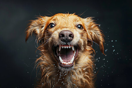 A dog with its mouth open and teeth bared, with water spraying out of its mouth. The dog appears to be in a playful or excited moodの素材