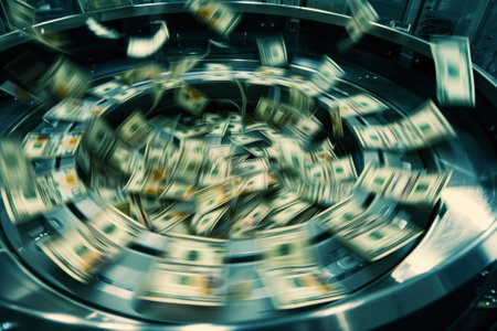A machine is throwing money into the air. The money is in the form of bills and coinsの素材