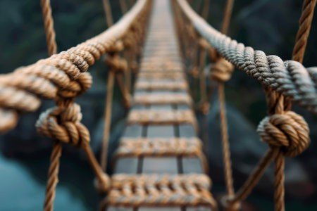 A rope bridge with a rope hanging down. The rope is brown and has knots in itの素材