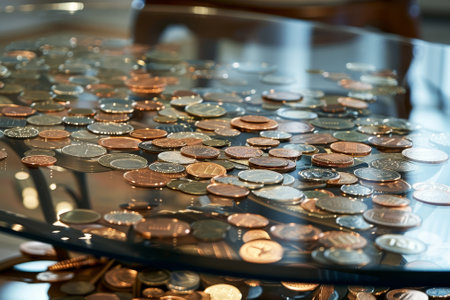 A table covered in a pile of coins. The coins are of different sizes and colors, and they are scattered all over the table. Concept of abundance and wealthの素材