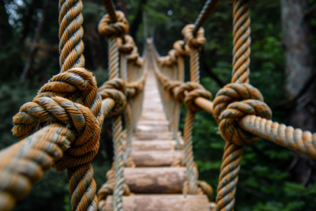 A rope bridge with a rope hanging down. The rope is brown and has knots in itの素材