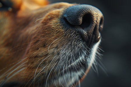 A close up of a dog's nose with a black nose. The nose is slightly raised and the dog's fur is brownの素材