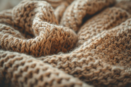 A knitted blanket with a fuzzy texture. The blanket is made of wool and has a warm, cozy feelの素材