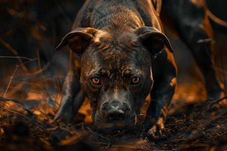 A black dog with a brown nose and brown eyes is looking at the camera. The dog is standing in the dirt and he is dirtyの素材