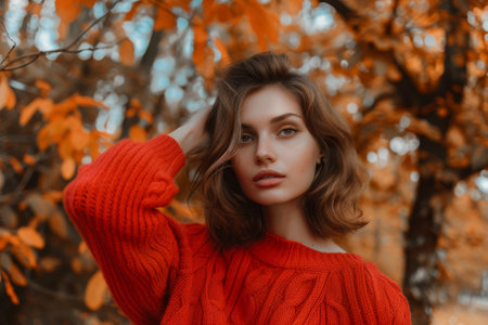 A woman in a red sweater stands in a forest. She has long hair and a pretty faceの素材