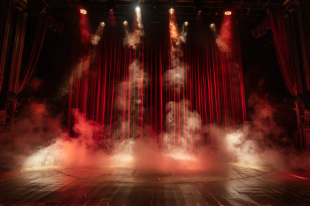 A stage with red curtains and smokeの素材