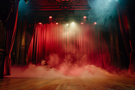 A stage with red curtains and smokeの素材