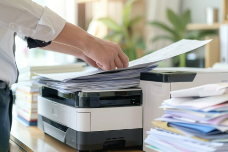 A person is using a printer to print out papers. The printer is on a desk with a lot of papers stacked on top of it. The person is reaching for a piece of paperの素材