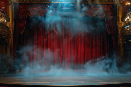 A stage with red curtains and a foggy atmosphereの素材