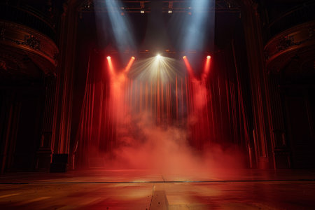 A stage with red lights and smoke. Scene is dramatic and intenseの素材