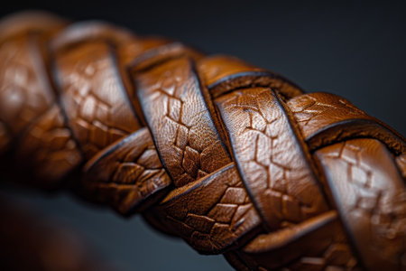 A leather belt with a black and brown pattern. The belt is made of leather and has a braided designの素材