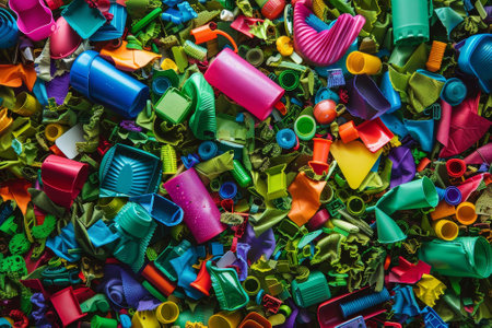 A pile of colorful plastic pieces, including a green and yellow one, is scattered on the groundの素材