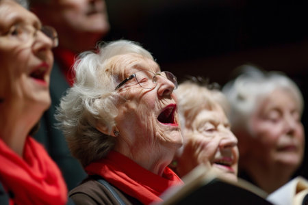 A group of elderly women are singing together in a choir. They are all smiling and enjoying the momentの素材