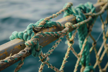 A rope with green and brown strands is tied to a metal pole. The rope is tied in a knot and is hanging over the waterの素材