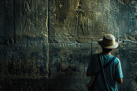 A man wearing a straw hat is looking at a wall with hieroglyphics. The man is carrying a guitar caseの素材