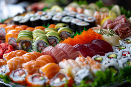 A plate of assorted sushi with a variety of colors and textures. The presentation is visually appealing and appetizingの素材