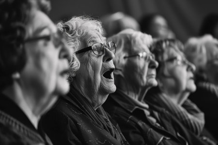 Four elderly women are sitting together and singing. They are wearing red and green clothing. Scene is joyful and upliftingの素材