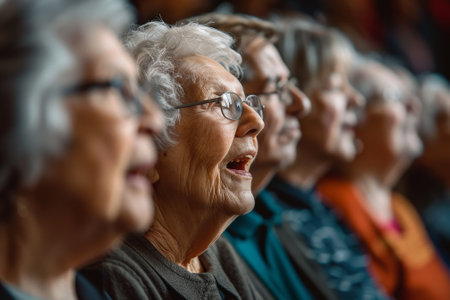 A group of elderly people are sitting in a church, with one woman in the center of the groupの素材