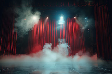A stage with red curtains and a foggy atmosphereの素材