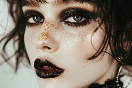 A woman with a pixie cut and black hair is wearing black makeup. She has a black lipstick and her eyes are closedの素材