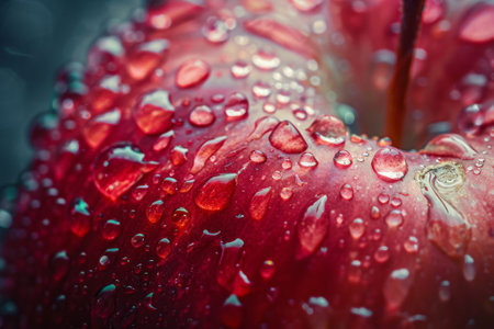 A red apple with a green stem is covered in raindrops. Concept of freshness and natural beautyの素材