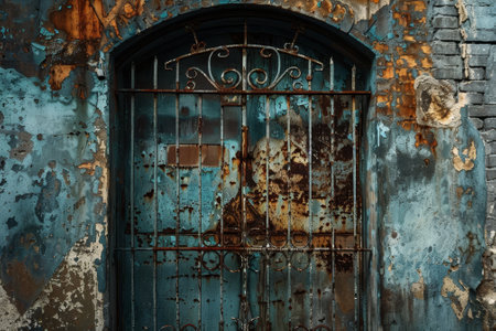 A rusted gate with a blue doorの素材
