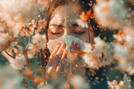 A woman is blowing her nose in a field of flowers. The scene is bright and colorful, with the flowers providing a beautiful backdropの素材
