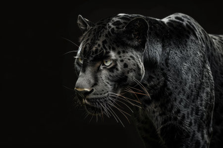A black panther with a green eye stars at the camera. The image has a dark and moody atmosphere, with the panther's gaze seemingly piercing through the viewerの素材