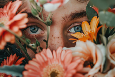 A woman's face is partially hidden by a bouquet of flowers. The flowers are orange and yellow, and the woman's eyes are blue. Concept of mystery and intrigueの素材