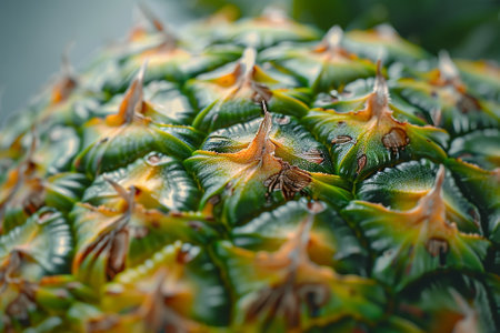 A close up of a pineapple with brown spots and green leaves. The pineapple is shown from the top and the brown spots are visible on the top and bottom of the pineappleの素材