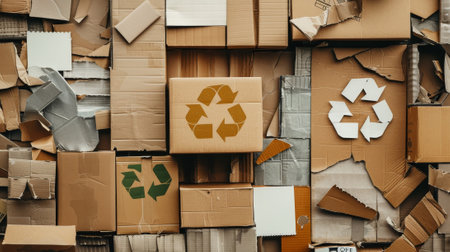 A pile of cardboard boxes with a box in the middle that has a recycle sign on it. The other boxes are also labeled with recycle signsの素材