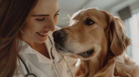 A woman is smiling at a dog. The dog is brown and has a black noseの素材