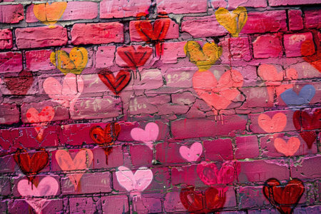 A wall covered in pink hearts with some of them missingの素材