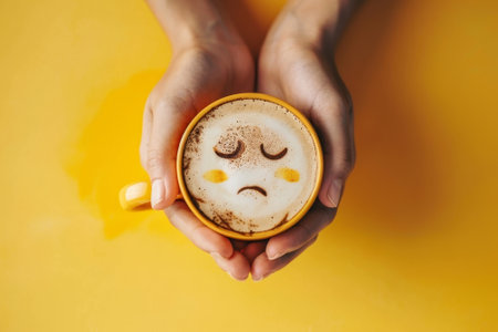 A person is holding a coffee cup with a face drawn on it. The face has a sad expression, and the cup is yellow. Concept of melancholy and lonelinessの素材