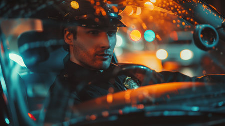 A police officer is driving a car at night. The car is surrounded by a blurry reflection of the officerの素材