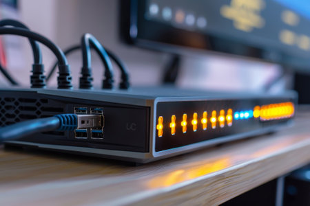 A computer network switch sits on a wooden table. The switch has a number of ports and a cable coming out of itの素材